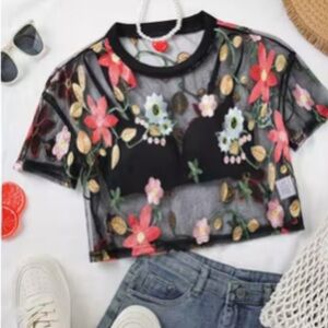 Elegant Floral Embroidered Sheer Crop Top